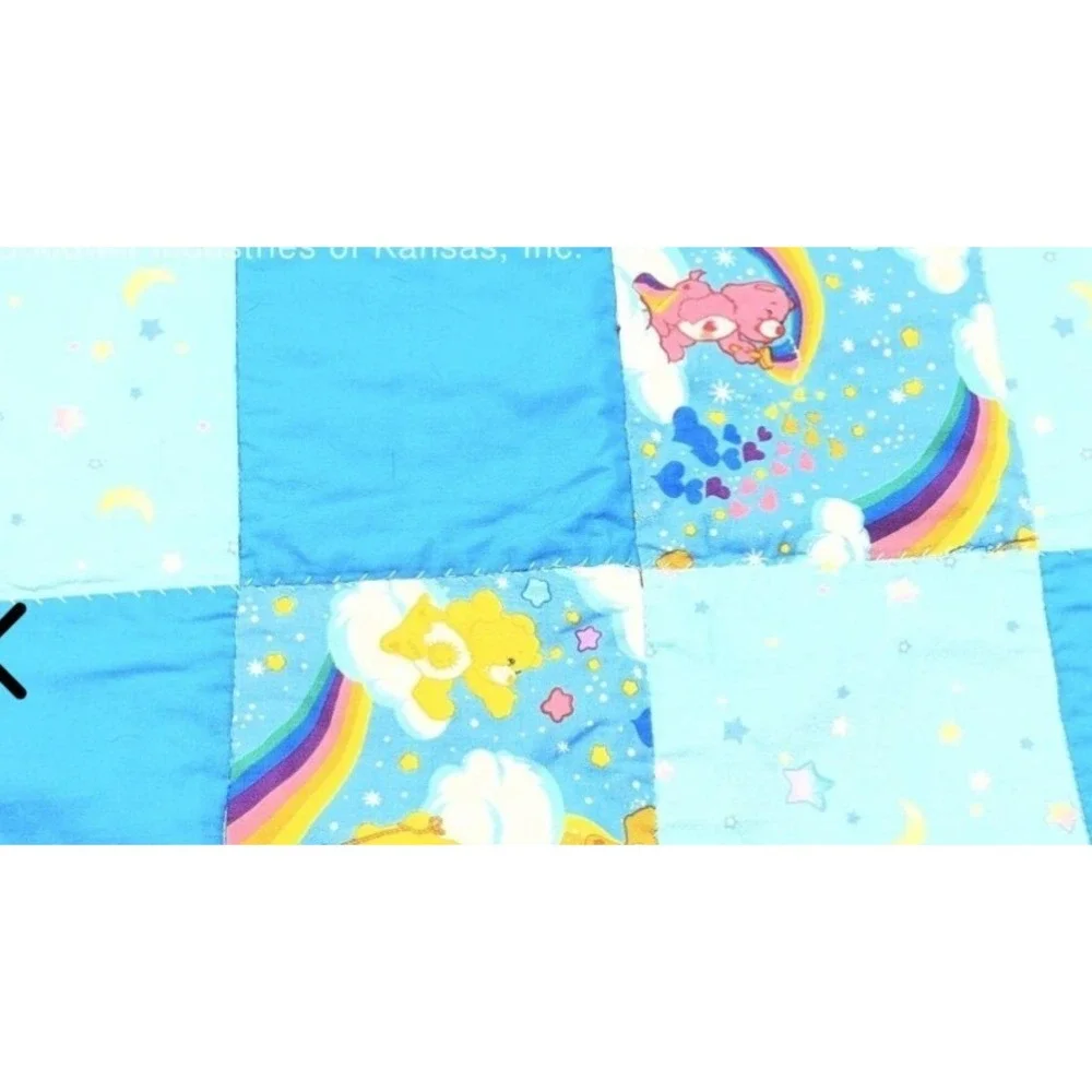 Vintage Care Bears Patchwork Quilt Blue Aqua Rainbow Baby Lap Blanket 80s Style